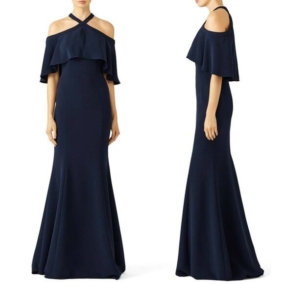 CARMEN MARC VALVO Kayla Cold Shoulder Ruffle Halter Neck Ball Gown Size 6 - Picture 9 of 10